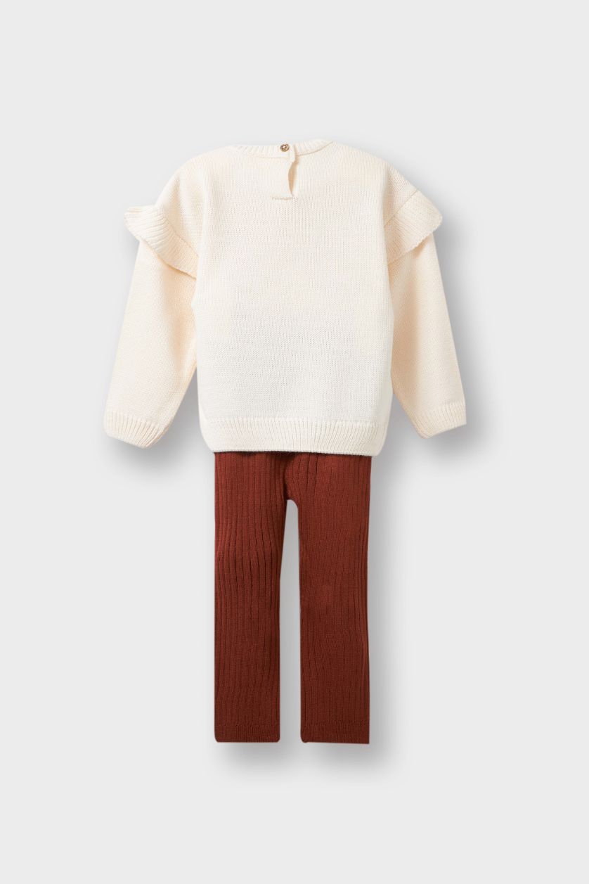 Kız Bebek Ekru 2'li Takım Çiçekli Desenli Sweatshirt Tayt Kız Bebek