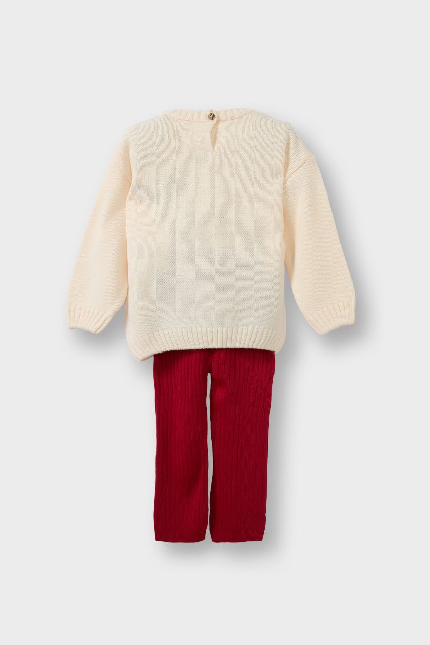 Kız Bebek Ekru Yılbaşı Temalı 2'li Takım Triko Kazak Alt Kız Bebek