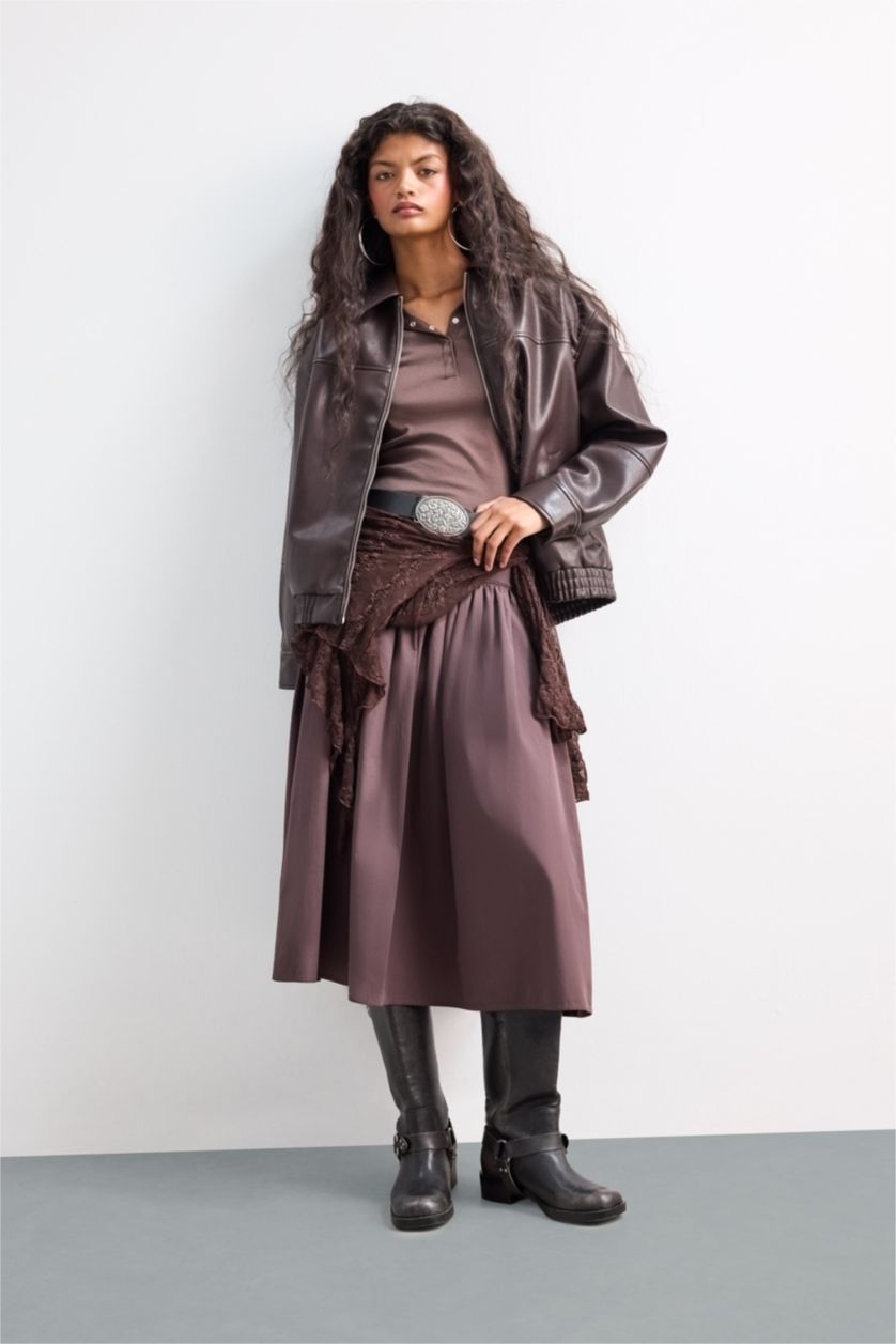 Kadın Kahve Dad Fit Polo Yaka Fermuarlı Suni Deri Ceket