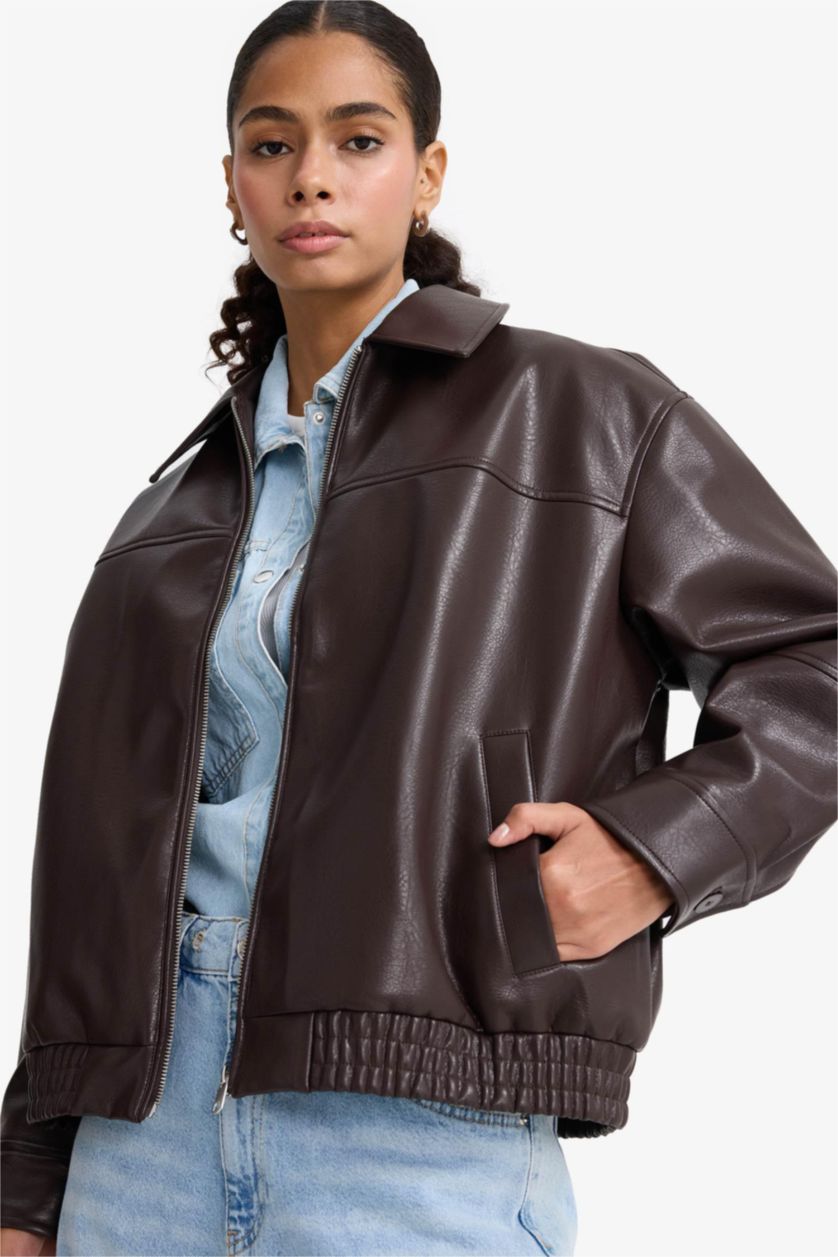 Kadın Kahve Dad Fit Polo Yaka Fermuarlı Suni Deri Ceket