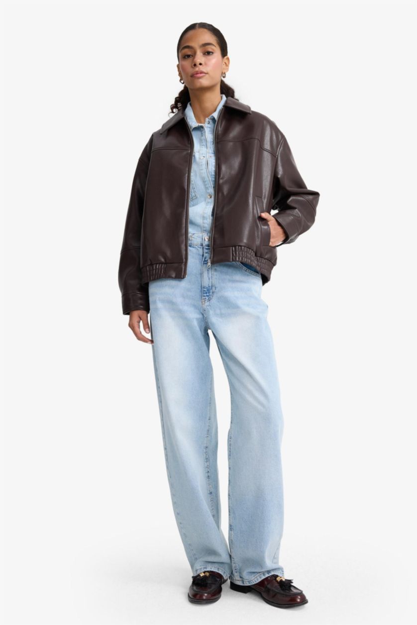 Kadın Kahve Dad Fit Polo Yaka Fermuarlı Suni Deri Ceket