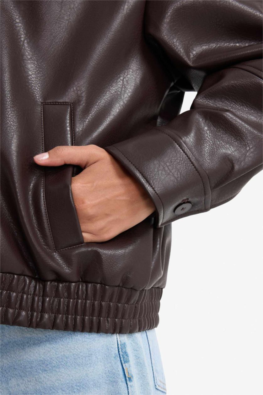 Kadın Kahve Dad Fit Polo Yaka Fermuarlı Suni Deri Ceket