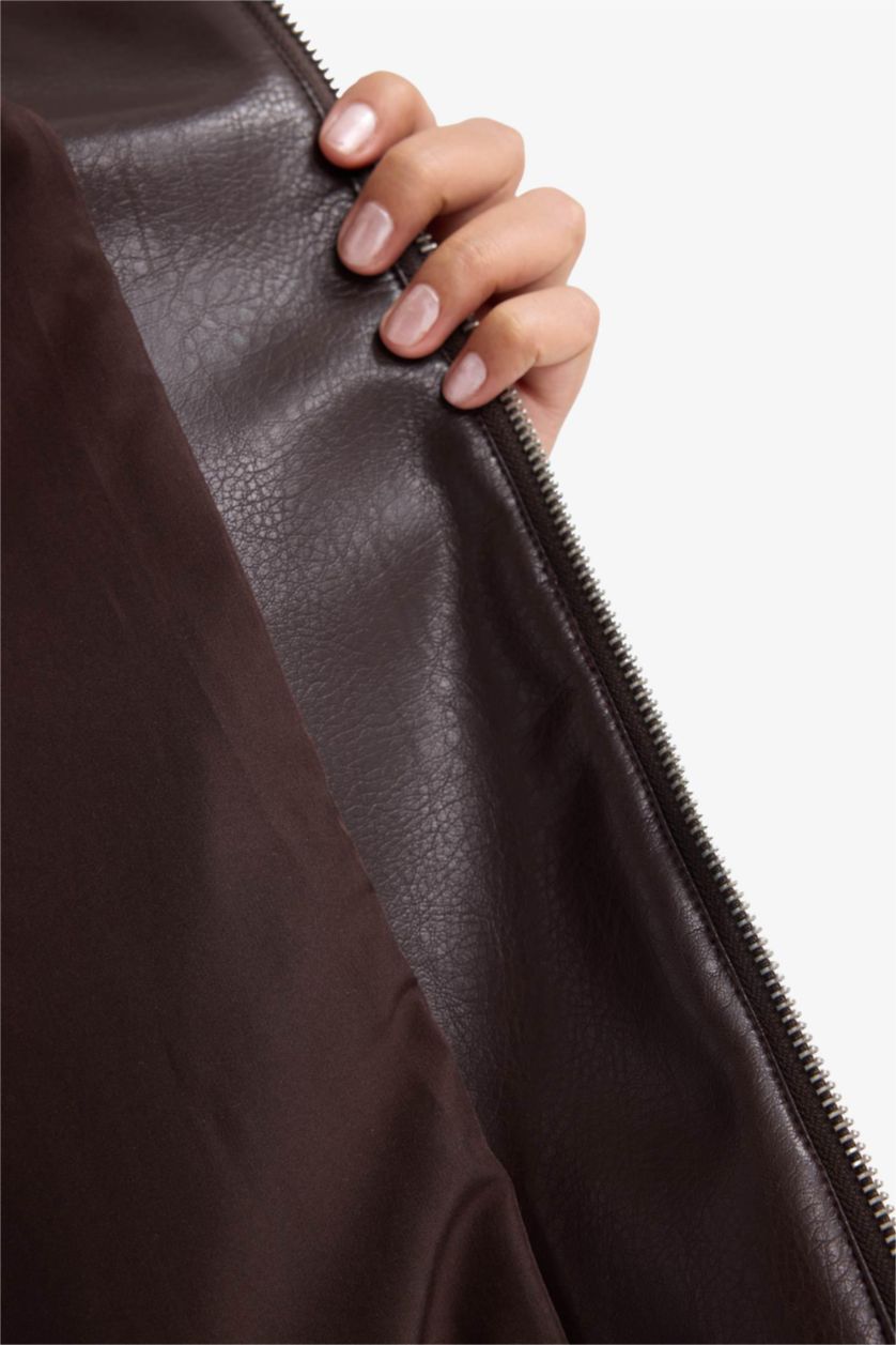 Kadın Kahve Dad Fit Polo Yaka Fermuarlı Suni Deri Ceket