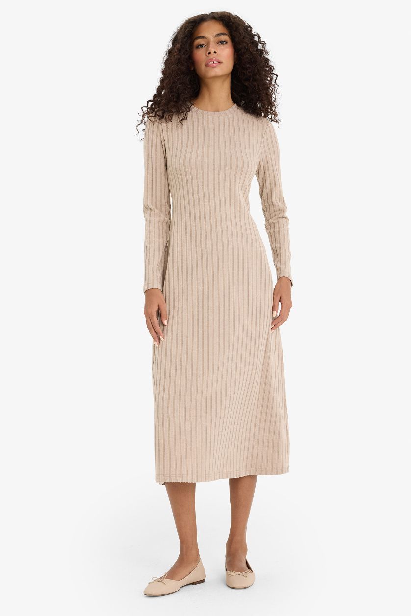 WOMAN Beige Melange Bodycon Long Sleeve Crew Neck Dress