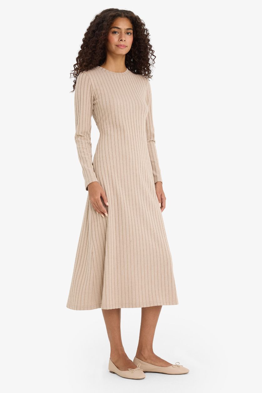 WOMAN Beige Melange Bodycon Long Sleeve Crew Neck Dress