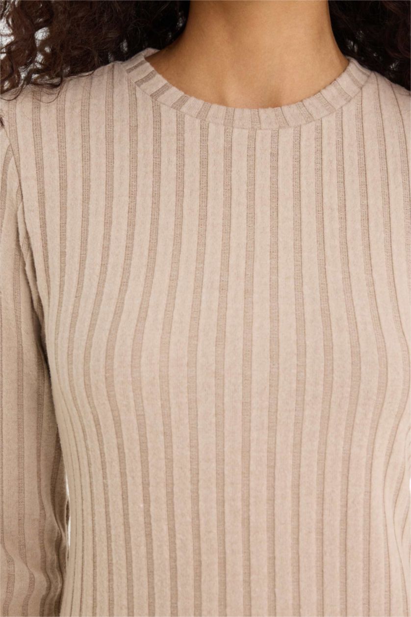 WOMAN Beige Melange Bodycon Long Sleeve Crew Neck Dress