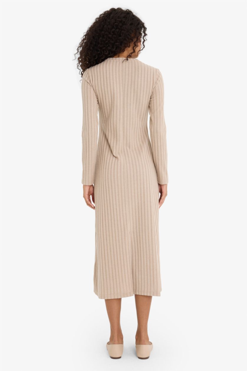 WOMAN Beige Melange Bodycon Long Sleeve Crew Neck Dress