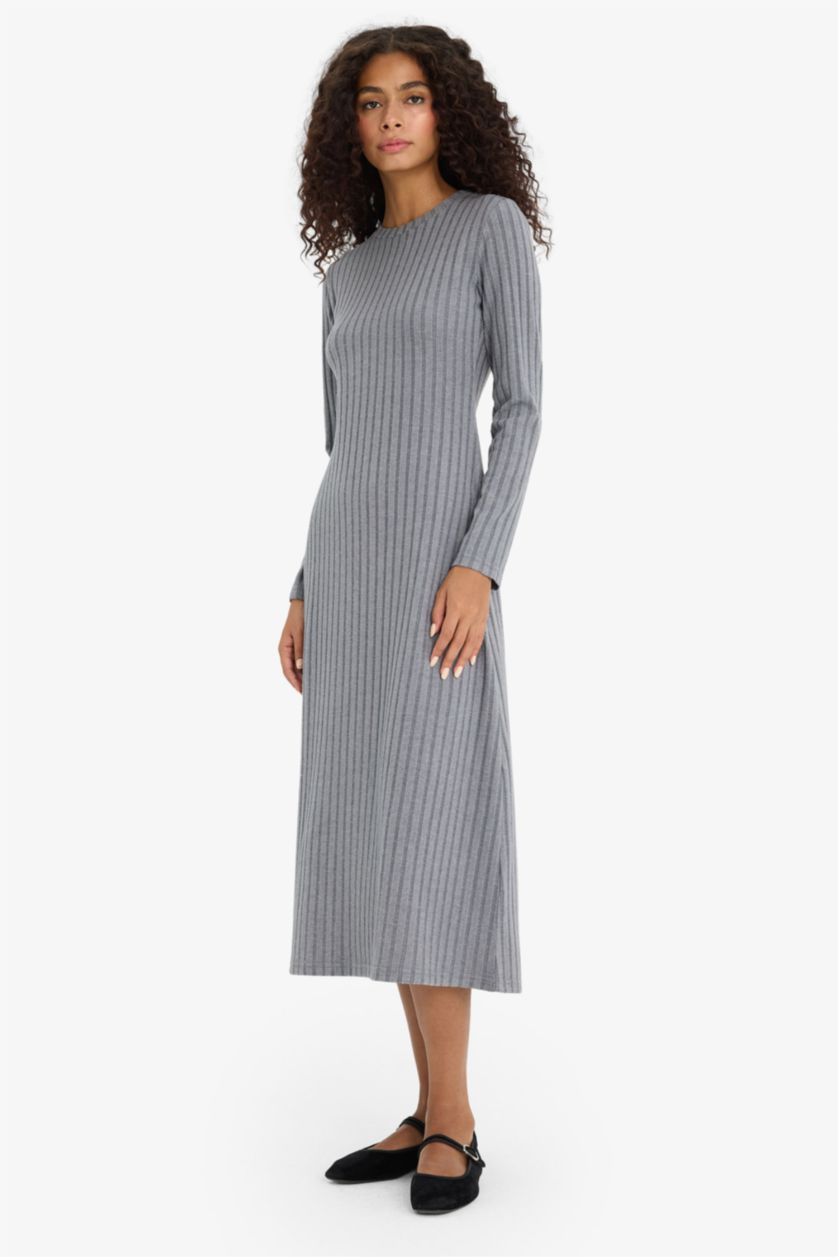 Әйелдерге Қара Сұр Меланж тығыз көйлек с мойын ұзын жеңді Ұзын жеңді трикотаж көйлек