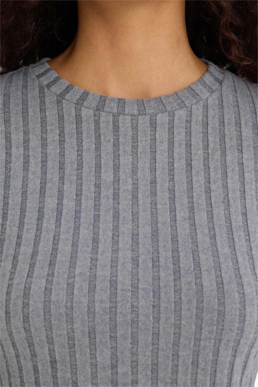 Әйелдерге Қара Сұр Меланж тығыз көйлек с мойын ұзын жеңді Ұзын жеңді трикотаж көйлек