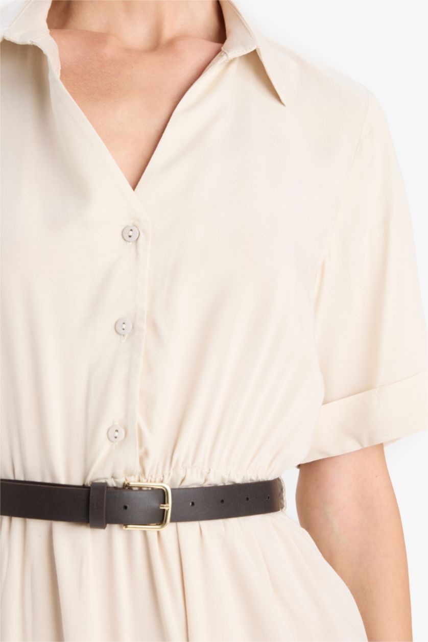 حريمي بيج فستان ميدي بيج نص كم بياقة قميص وحزام