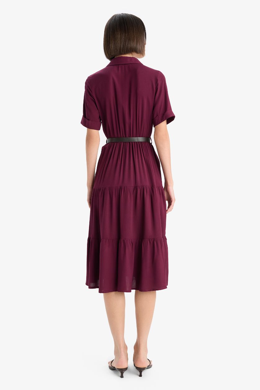 Kadın Bordo Gömlek Yaka Midi Elbise