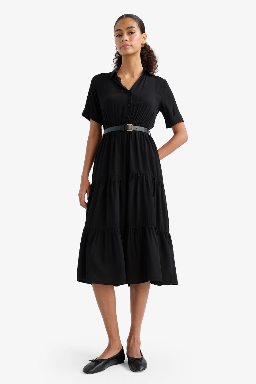 WOMAN Black Shirt Collar Zebra Print Half Sleeve Dress