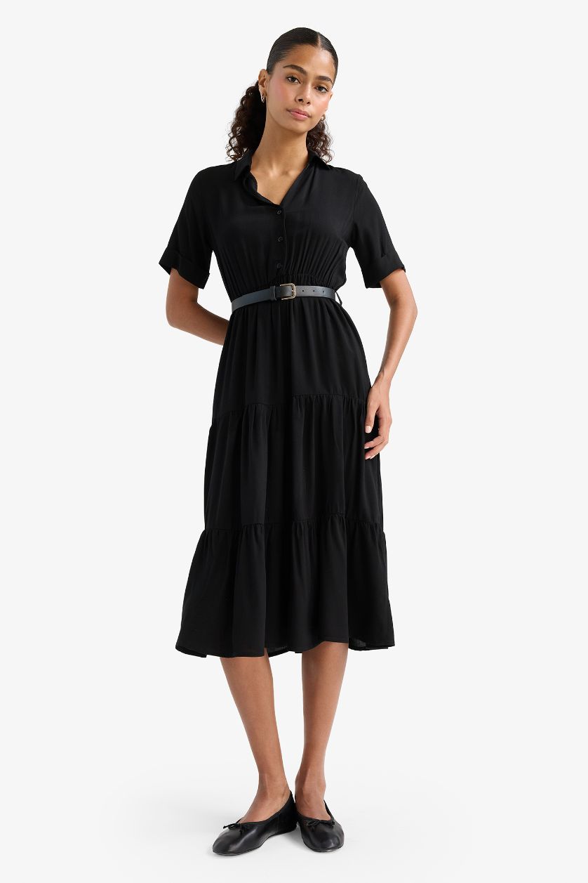 WOMAN Black Shirt Collar Zebra Print Half Sleeve Dress