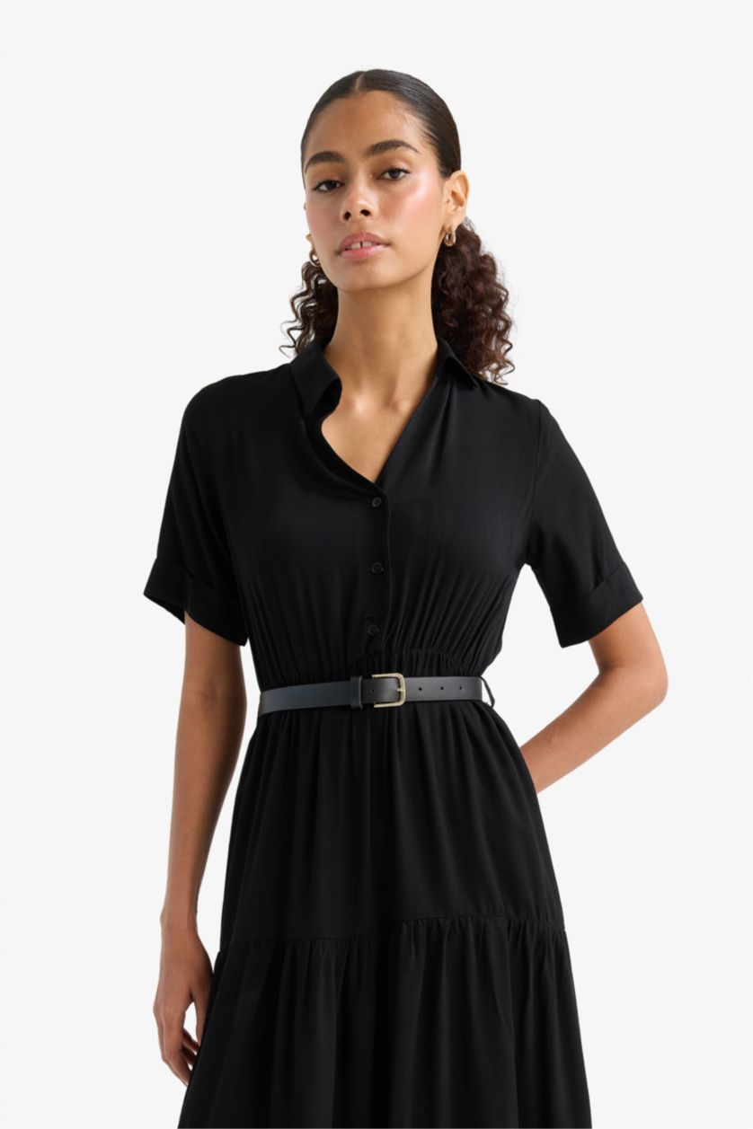 WOMAN Black Shirt Collar Zebra Print Half Sleeve Dress