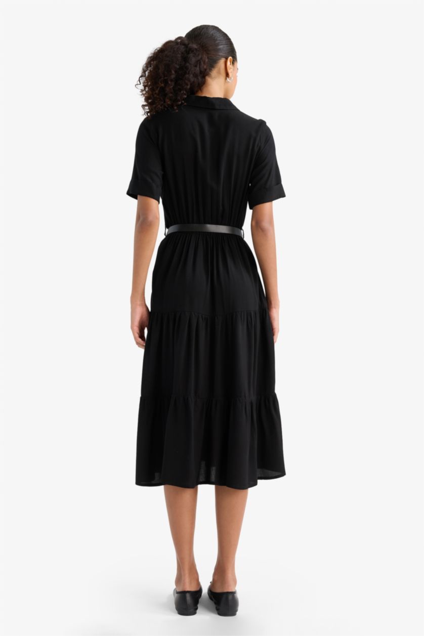 WOMAN Black Shirt Collar Zebra Print Half Sleeve Dress