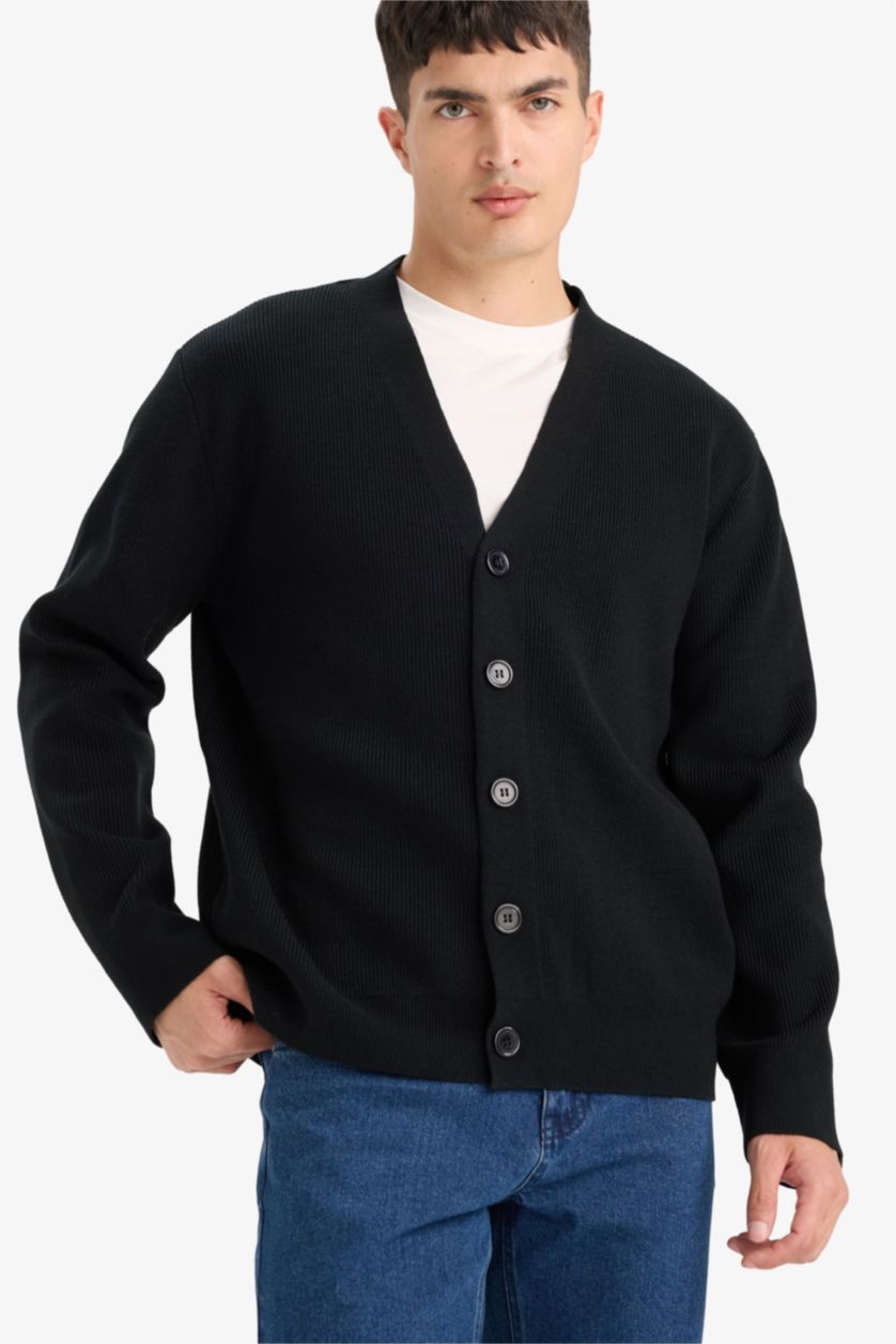 رجال أسود جاكيت تريكو قصة مريحة بياخة V