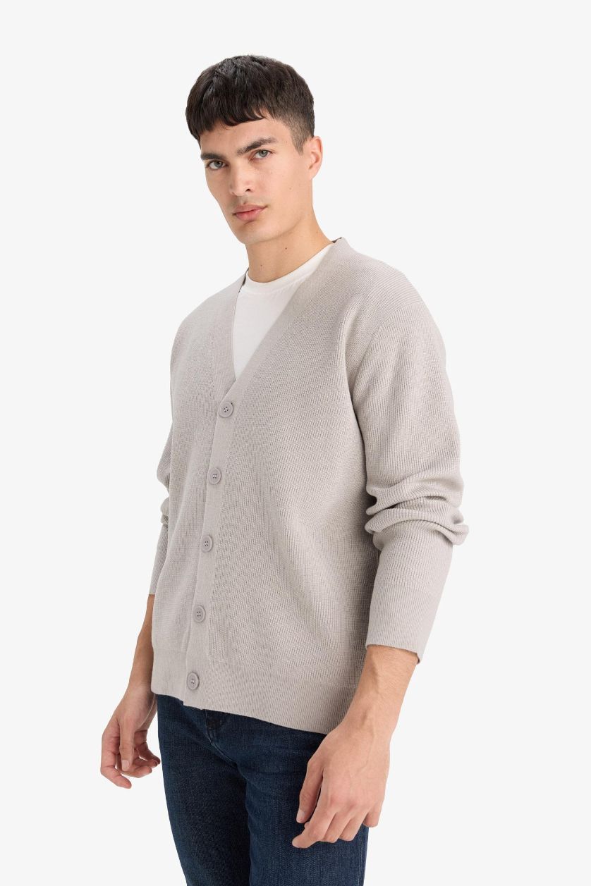 Man Light Grey Relax Fit V-Neck Knit Cardigan