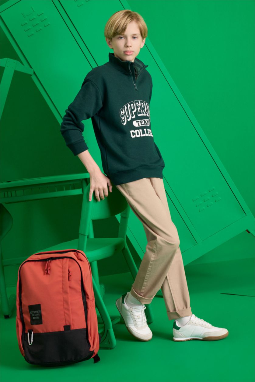 Erkek Çocuk - Genç Erkek Yeşil Dik Yaka Fermuarlı Baskılı Okul Sweatshirt Erkek Çocuk