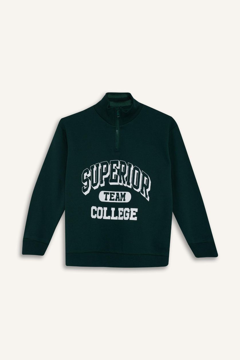 Erkek Çocuk - Genç Erkek Yeşil Dik Yaka Fermuarlı Baskılı Okul Sweatshirt Erkek Çocuk