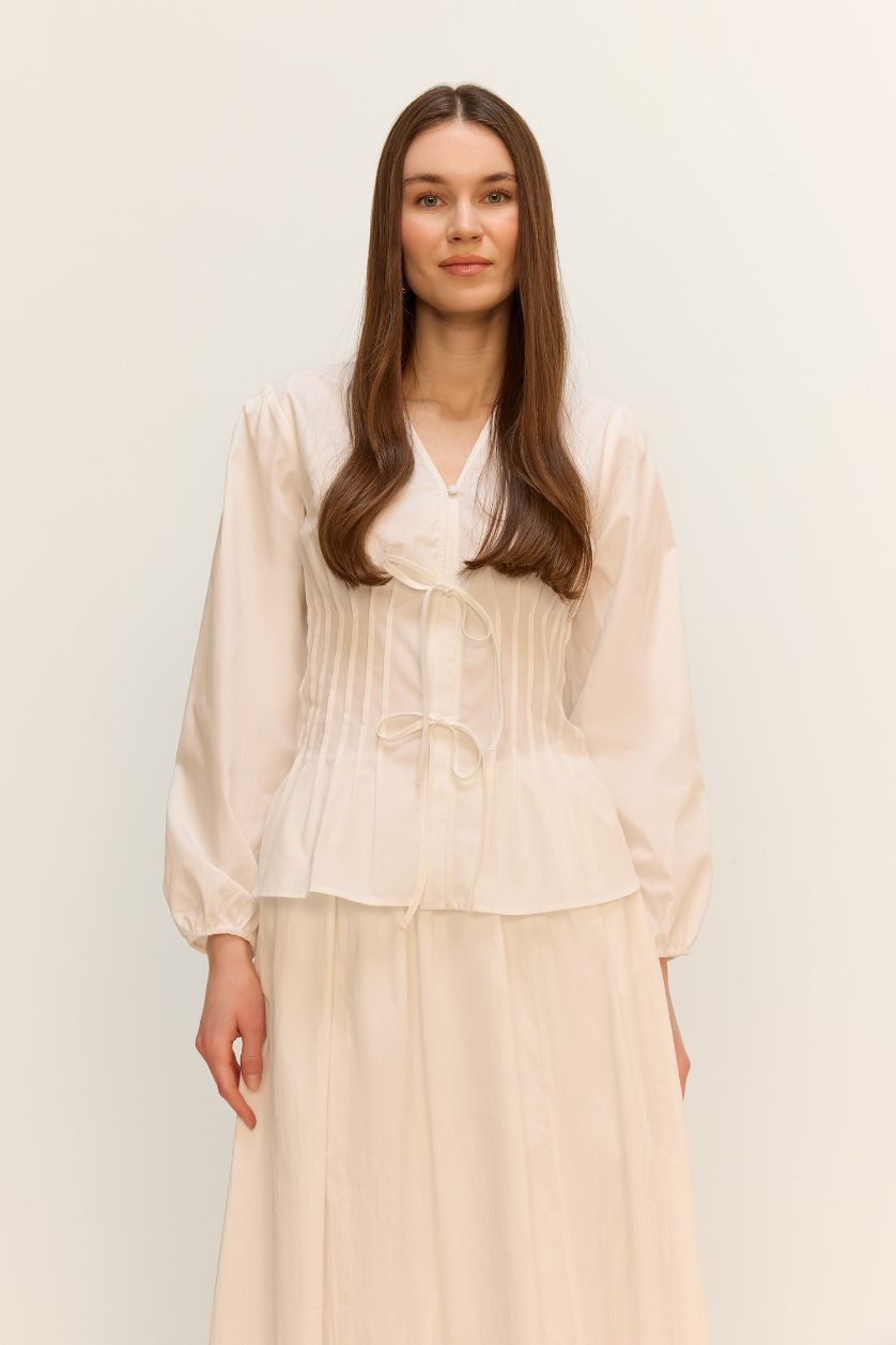 Kadın Beyaz Regular Fit V Yaka  Poplin Uzun Kollu Tesettür Bluz Tunik