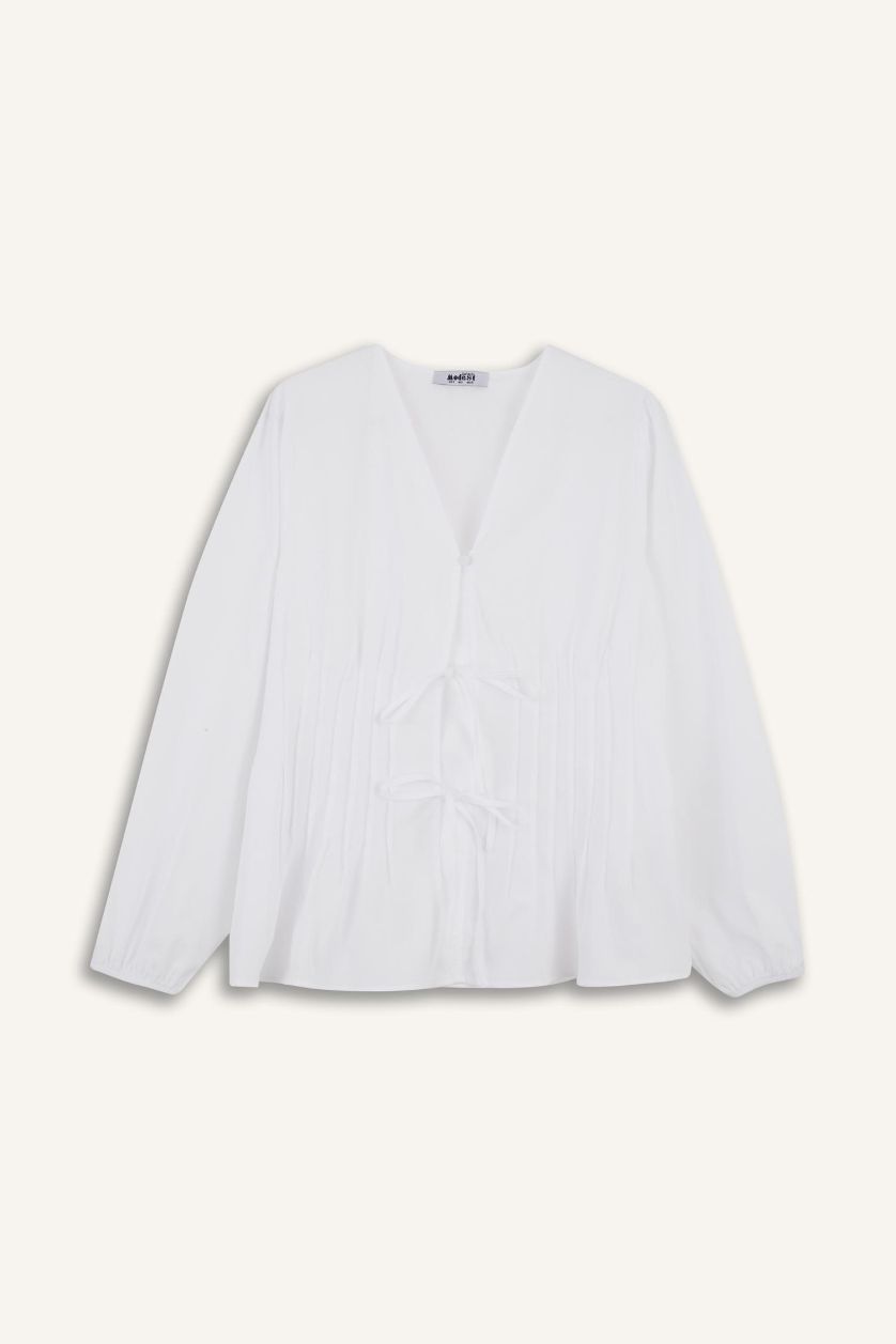 Kadın Beyaz Regular Fit V Yaka  Poplin Uzun Kollu Tesettür Bluz Tunik