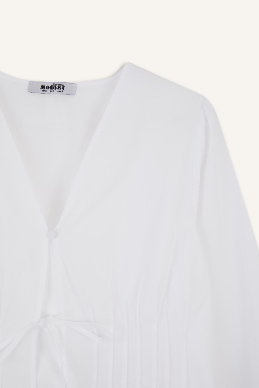 Kadın Beyaz Regular Fit V Yaka  Poplin Uzun Kollu Tesettür Bluz Tunik