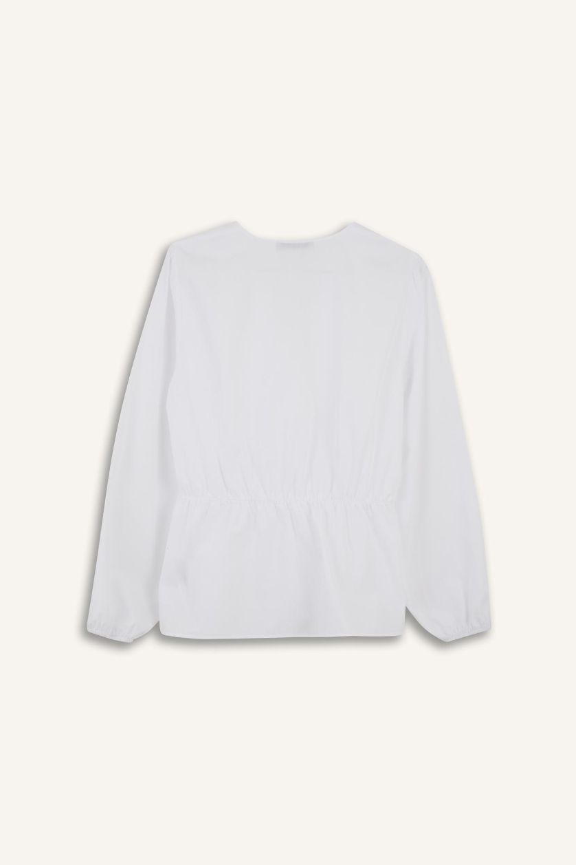 Kadın Beyaz Regular Fit V Yaka  Poplin Uzun Kollu Tesettür Bluz Tunik