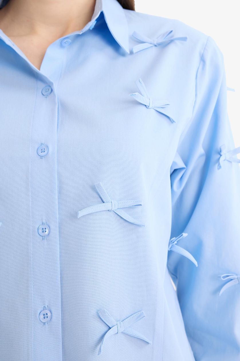 حريمي أزرق تونيك قميص كم طويل بوبلين قصة عادية