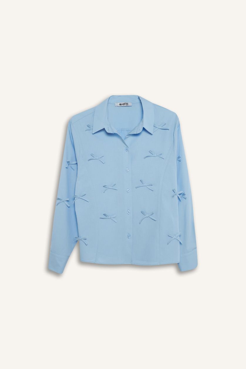 حريمي أزرق تونيك قميص كم طويل بوبلين قصة عادية