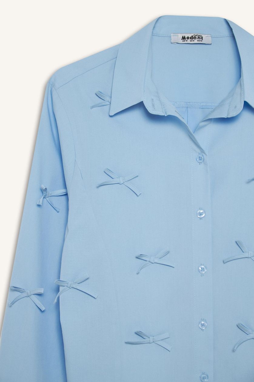 حريمي أزرق تونيك قميص كم طويل بوبلين قصة عادية