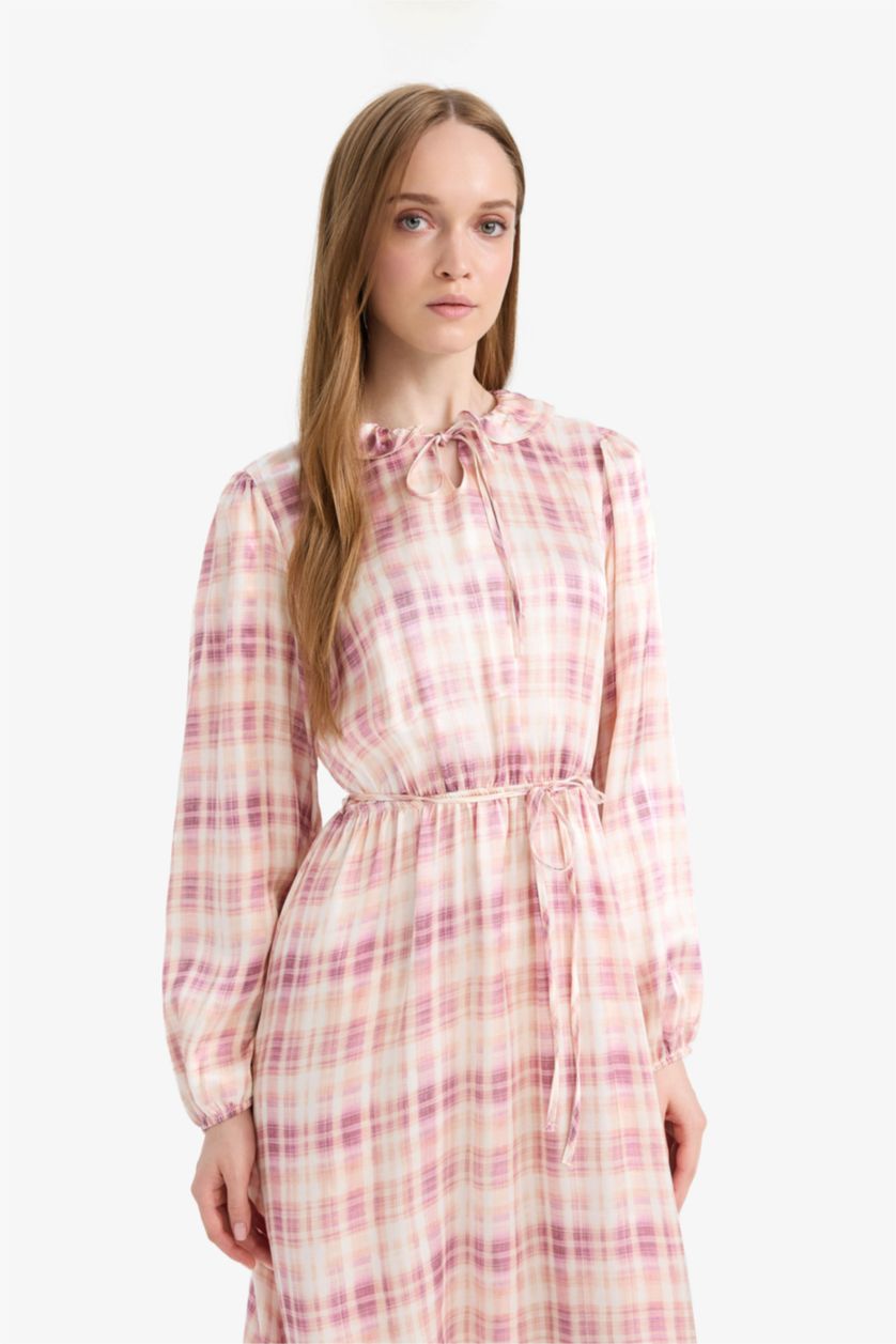 حريمي زهري فستان طويل ستان مطبوع كم طويل قصة عادية