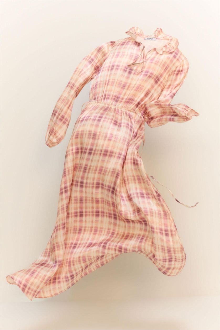 حريمي زهري فستان طويل ستان مطبوع كم طويل قصة عادية