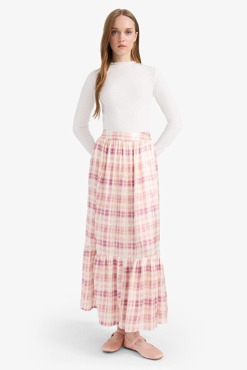Kadın Pembe Desenli Beli Lastikli Saten Maxi Etek
