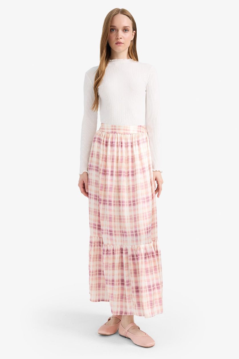 Kadın Pembe Desenli Beli Lastikli Saten Maxi Etek