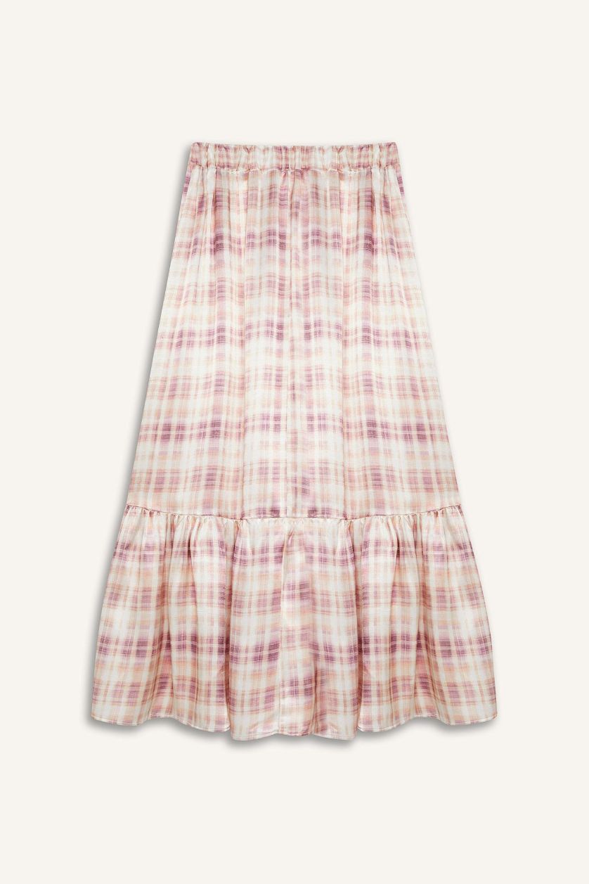 Kadın Pembe Desenli Beli Lastikli Saten Maxi Etek