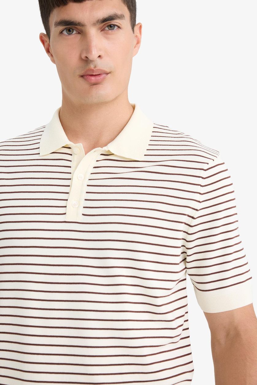 Erkek Vizon Düğmeli Çizgili Triko Polo Tişört