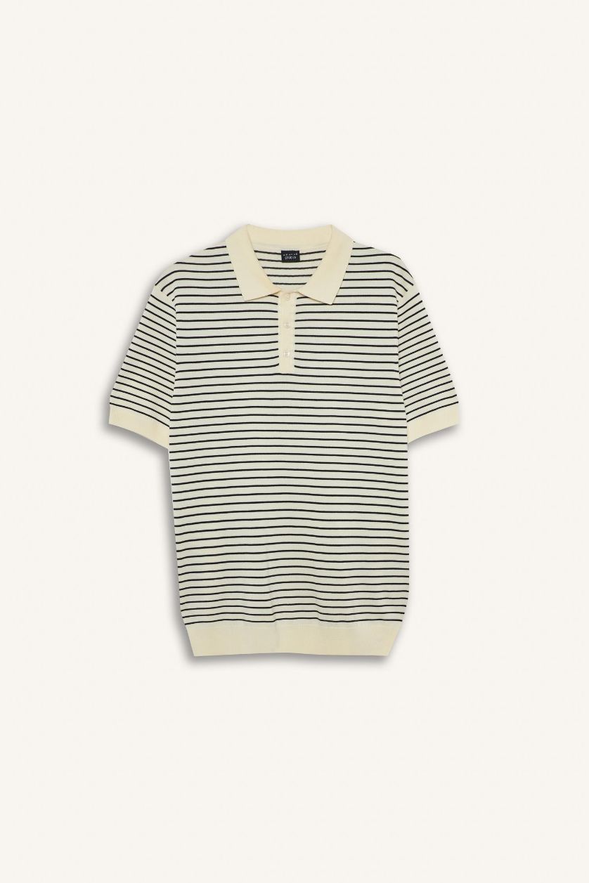 Erkek Siyah Düğmeli Çizgili Triko Polo Tişört