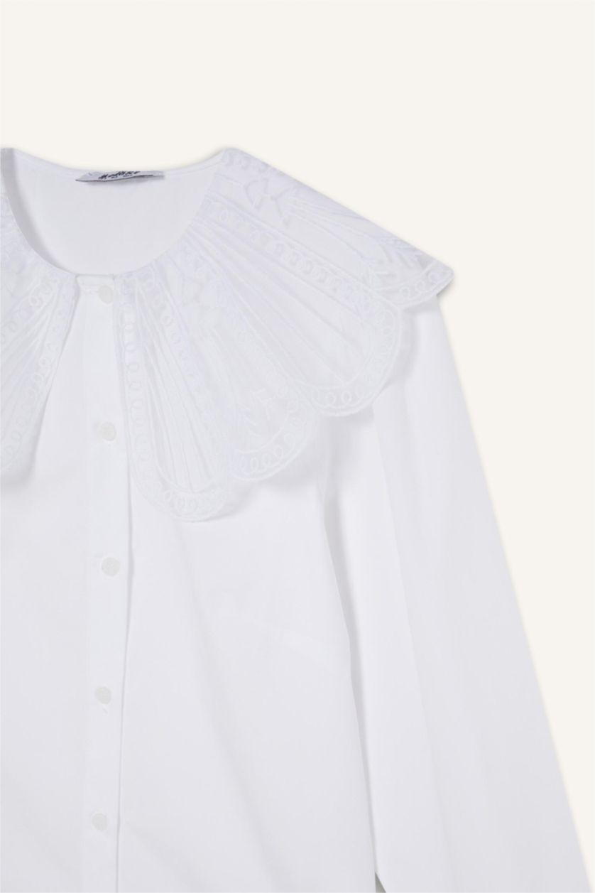 نساء أبيض تونيك بوبلين قصة عادية بياقة بيبي