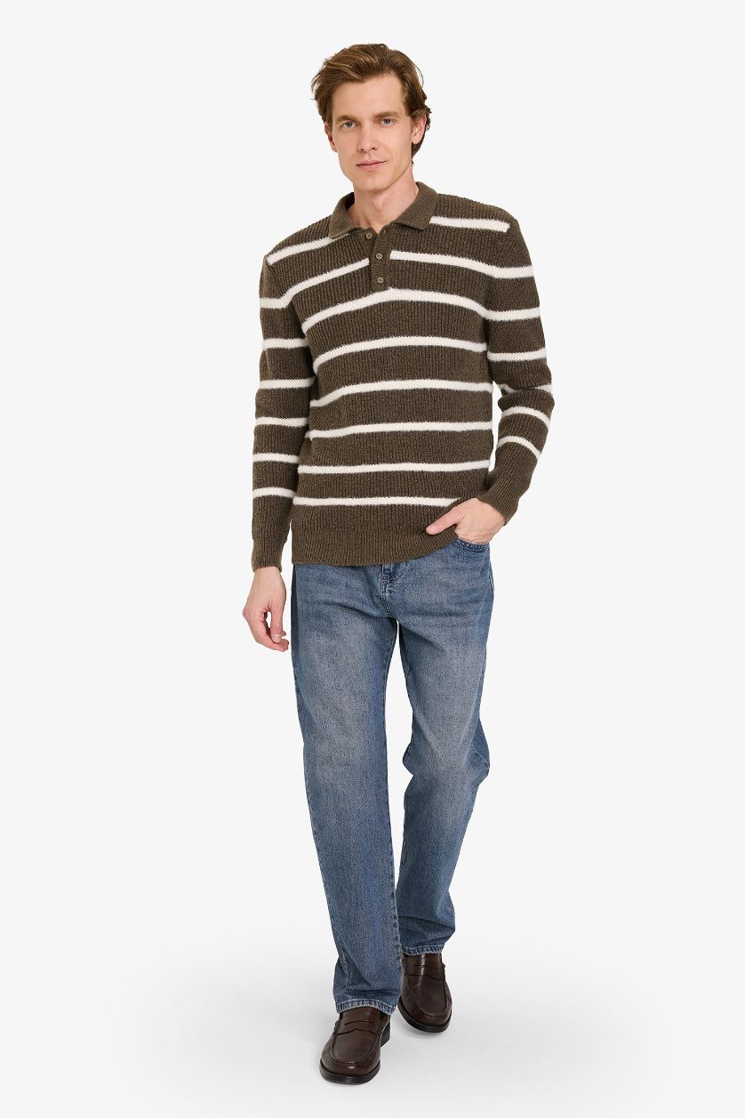 MAN Khaki Standard Fit Polo Collar Knitwear Pullover