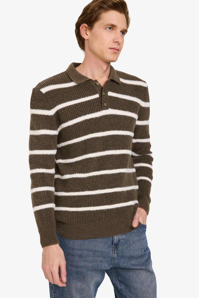 MAN Khaki Standard Fit Polo Collar Knitwear Pullover