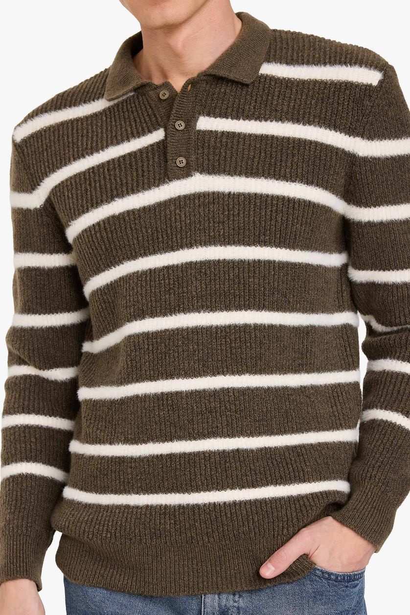 MAN Khaki Standard Fit Polo Collar Knitwear Pullover