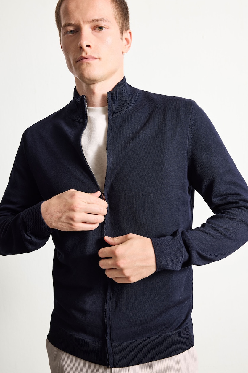 رجال كحلي Standard Fit Turtleneck Zip-Up Knitwear Cardigan