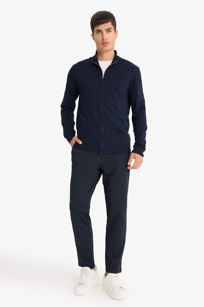 Erkek Lacivert Standart Fit Dik Yaka Fermuarlı Triko Hırka