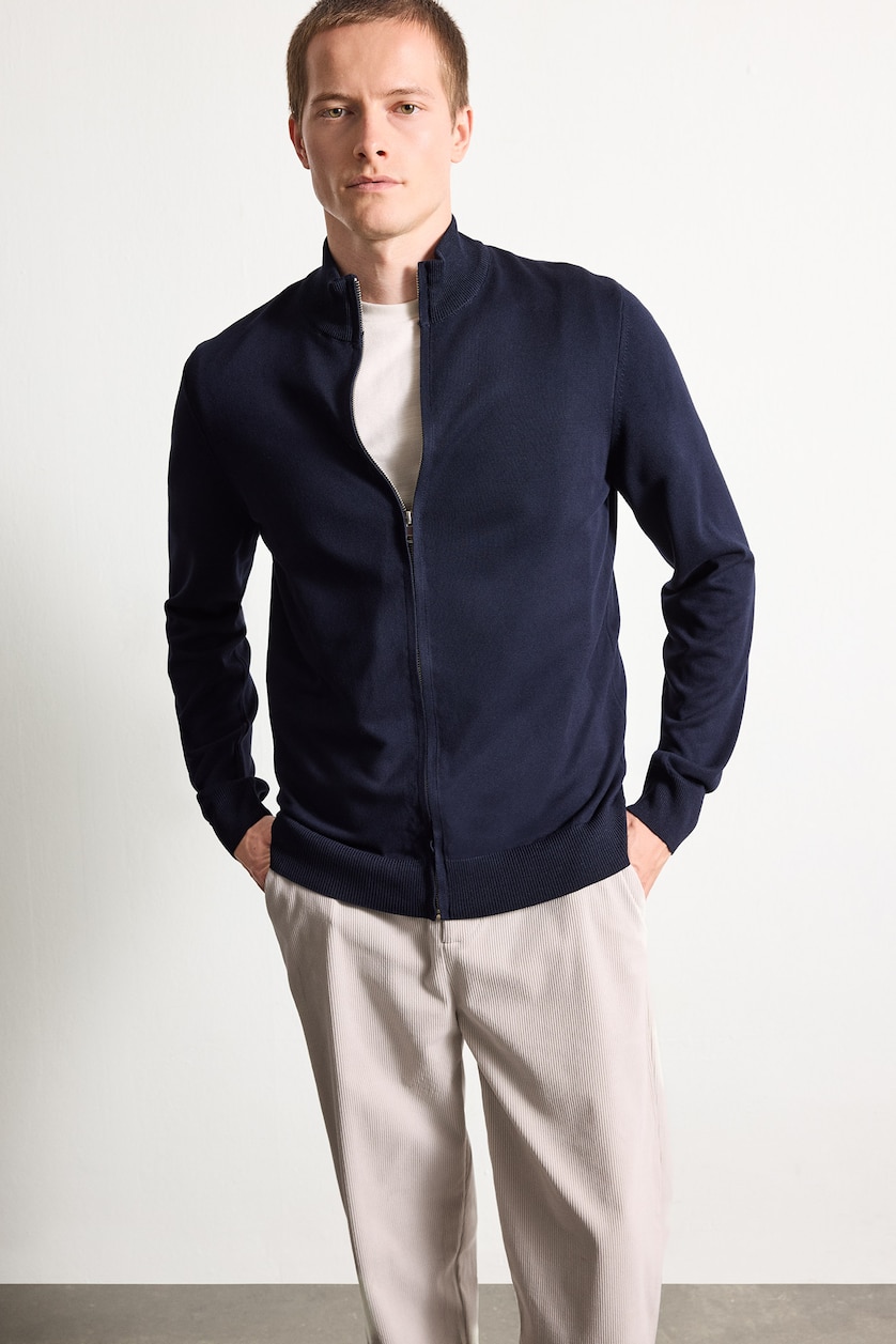 رجال كحلي Standard Fit Turtleneck Zip-Up Knitwear Cardigan