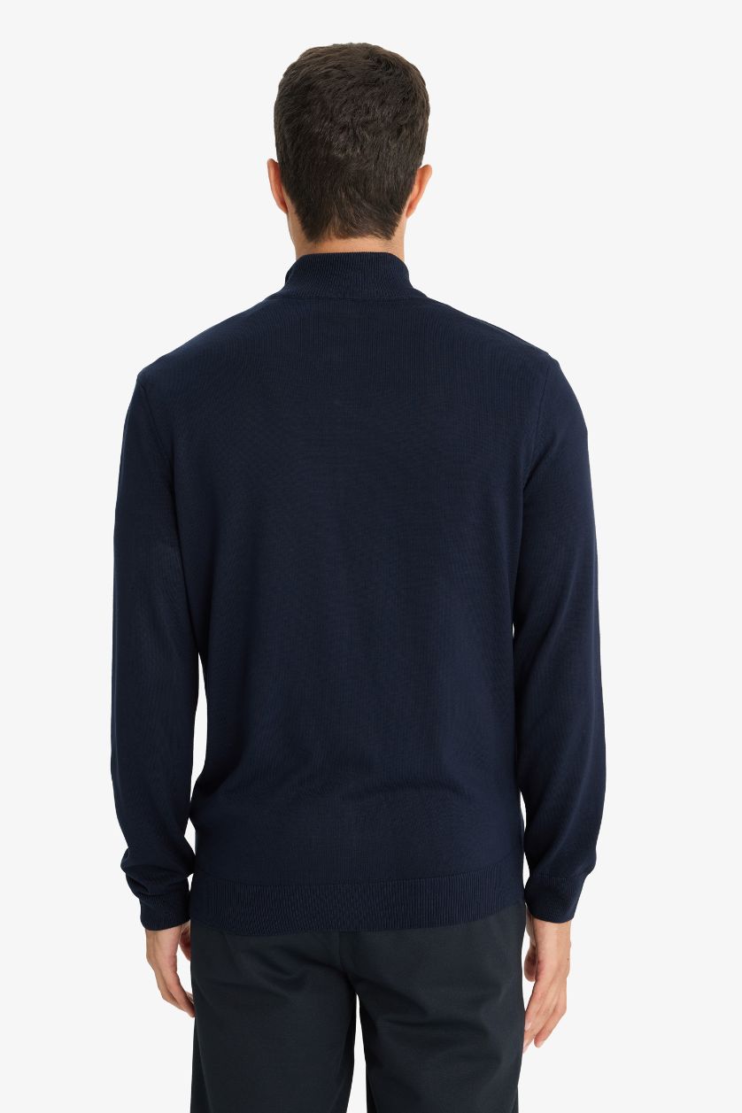 Erkek Lacivert Standart Fit Dik Yaka Fermuarlı Triko Hırka