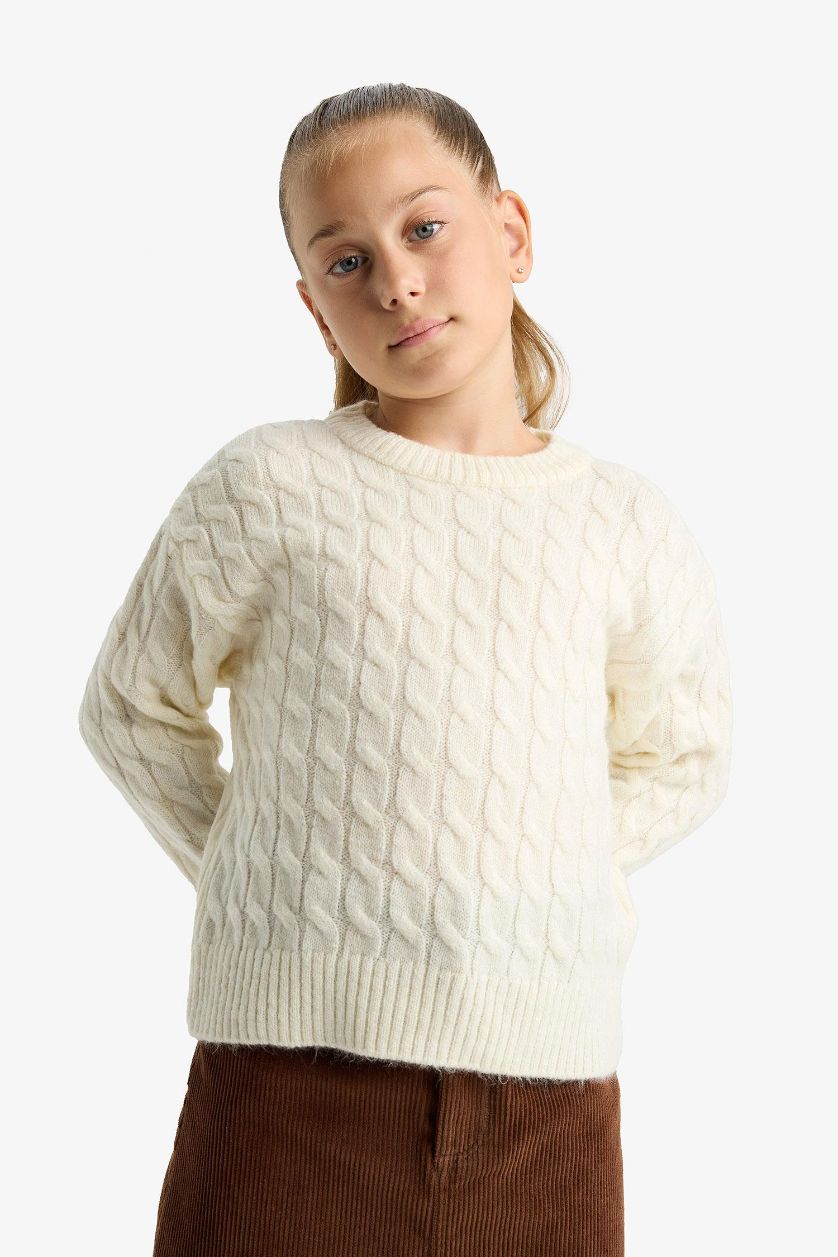 GIRLS & TEENS Ecru Girl Regular Fit Crew Neck Knit Pullover