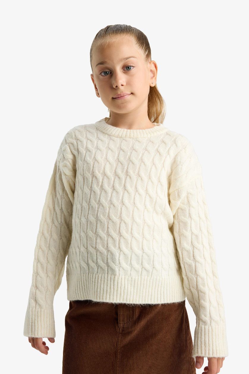 GIRLS & TEENS Ecru Girl Regular Fit Crew Neck Knit Pullover