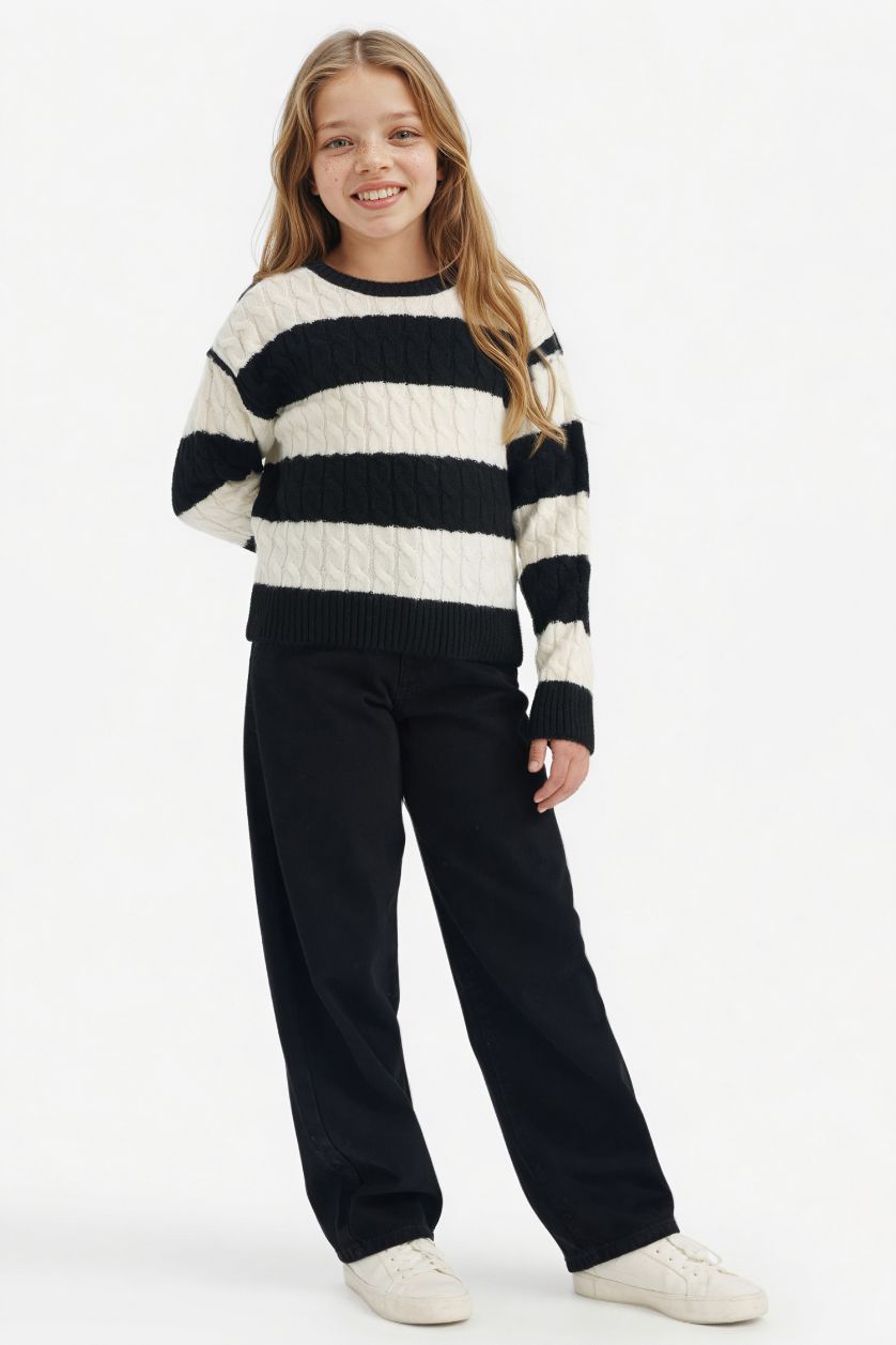 FILLES Noir Pull en tricot rayé à col rond pour fille