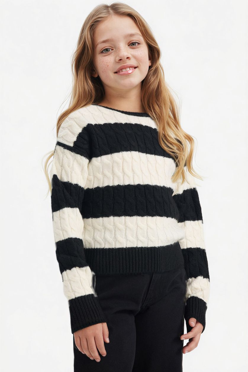 FILLES Noir Pull en tricot rayé à col rond pour fille