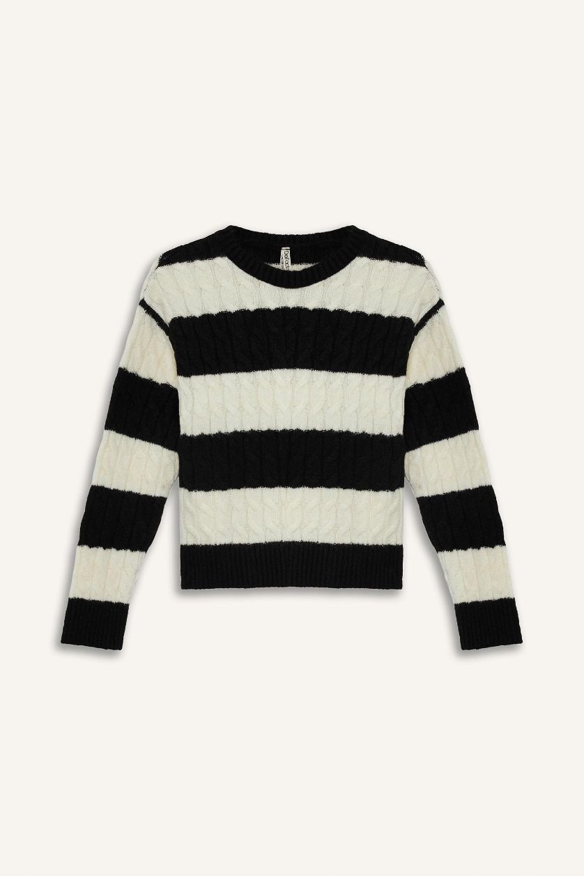FILLES Noir Pull en tricot rayé à col rond pour fille